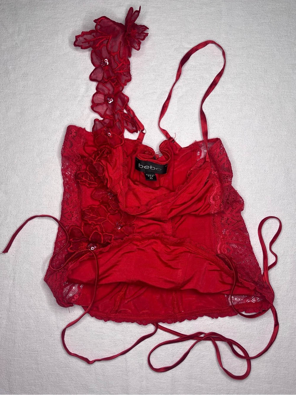 ✨ Vintage Y2K Bebe Asymmetrical 3D Floral Lace-Up Corset Bustier Top - Rio Red - Picture 2 of 3